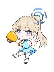 1girl absurdres alternate_costume alternate_hairstyle blonde_hair blue_archive blue_dress blue_eyes blush chibi dress full_body highres holding holding_trophy looking_at_viewer pongdo simple_background sleeveless sleeveless_dress smile solo standing standing_on_one_leg toki_(blue_archive) transparent_background trophy v 