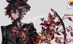  1boy black_hair black_hat brooch coat earrings flower food fruit gem grey_background hair_between_eyes hair_ornament hat hat_flower heterochromia highres jewelry liulianjingrua long_sleeves looking_at_viewer male_focus original pomegranate red_flower short_hair simple_background solo top_hat upper_body 