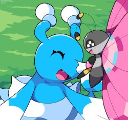  absurdres antennae brionne bug butterfly closed_eyes day grass highres no_humans open_mouth outdoors pokemon pokemon_(creature) sleepy_sealion vivillon vivillon_(meadow) 