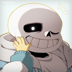  1:1 1boy 1other 2024 2d arm_grab artist_name blue_jacket blue_sweater child closed_mouth digital_media duo forut_dondon frisk_(undertale) grey_hood hand_on_another&#039;s_cheek highres hollow_eyes hood hood_down hooded_jacket human humanoid jacket looking_at_viewer male male_focus monster monster_boy notice_lines one_eye_closed open_clothes open_jacket other_pov portrait pov pov_hands sans_(undertale) shirt simple_background skeleton solo_focus sweater teeth twitter_username undead undertale utdr_(toby_fox) white_background white_shirt 