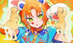  1boy :o animal_ears animal_hands bear_boy bear_ears bear_paws blue_shirt blue_streaks chain checkered_clothes collar collared_shirt commentary curtained_hair elbow_gloves ensemble_stars! facial_mark full_body gloves green_eyes hands_up heart heart_facial_mark highres looking_at_viewer male_focus multicolored_hair necktie nomu_man orange_gloves orange_hair projected_inset shirt short_side_ponytail short_sleeves side_ponytail single_elbow_glove solo streaked_hair tsukinaga_leo yellow_necktie 