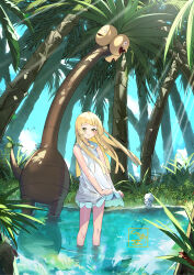  1girl absurdres alolan_exeggutor alolan_vulpix blonde_hair blunt_bangs blunt_ends blush braid closed_mouth day dot_nose dress eredhen fangs floating_hair forest green_eyes highres light_rays lillie_(pokemon) long_hair looking_at_viewer low_twin_braids nature open_mouth outdoors palm_tree pokemon pokemon_(creature) pokemon_sm skirt_hold sleeveless sleeveless_dress smile solo sunbeam sundress sunlight tree twin_braids wading water white_dress 