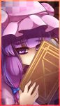  book border bow hair_bow hat patchouli_knowledge purple_eyes purple_hair red_border solo taketora touhou violet_eyes 