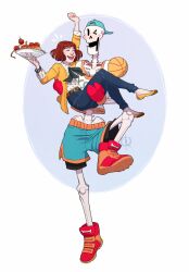  1boy 1girl 2016 2d alternate_costume aqua_shorts artist_logo baseball_cap belt bike_shorts bike_shorts_under_shorts blue_pants bow brown_belt brown_hair cardigan carrying carrying_person commission commissioner_insert digital_media duo female food gloves green_bow hat hetero holding holding_food holding_plate humanoid interspecies leeffi male monster monster_boy oc_x_canon official_alternate_costume orange_shoes original original_character pants papyrus_(undertale) pasta plate princess_carry red_gloves red_shoes shirt shoes short_hair shorts signature simple_background skeleton spaghetti teeth two-tone_shoes undead undertale utdr_(toby_fox) white_background white_shirt yellow_cardigan yellow_shoes 
