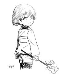  1other 2016 2d ambiguous_gender artist_name child cowboy_shot digital_media double_horizontal_stripe frisk_(undertale) holding holding_stick horizontal-striped_clothes human looking_at_viewer looking_back monochrome other_focus powaro02 shirt short_hair shorts simple_background sketch smile solo split_mouth stick striped_clothes striped_shirt two-tone_shirt undertale unusually_open_eyes utdr_(toby_fox) white_background 