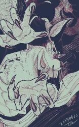  1boy abs alternate_form commentary_request dated evil_smile eyewear_on_head fingernails greyscale highres jabra_(one_piece) long_fingernails looking_at_viewer male_focus monochrome one_piece sash signature smile solo tagawa_jiro whiskers wolf_boy 