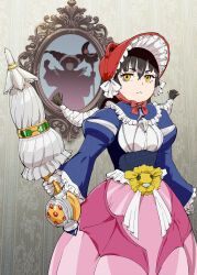  1girl black_hair bonnet buttons closed_mouth closed_umbrella commentary_request dress frilled_dress frills gloves gown highres holding holding_umbrella juliet_sleeves kyouryuu_sentai_zyuranger light_frown long_hair long_sleeves low_twintails mirror multicolored_dress original parasol personification puffy_sleeves red_bonnet solo_focus standing super_sentai twintails ueyama_michirou umbrella white_gloves witch_bandora yellow_eyes 