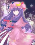  capelet crescent double_bun dress hair_ribbon hat highres long_hair ogakuru open_clothes open_coat patchouli_knowledge purple_eyes purple_hair ribbon solo star striped striped_dress touhou violet_eyes wide_sleeves 