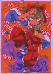  1girl absurdres arm_up ascot black_eyes border bow brown_hair chest_sarashi clenched_hands commentary_request detached_sleeves fighting_stance hair_bow hair_tubes hakama hakama_pants hakurei_reimu highres inuyama_konan japanese_clothes knee_up leg_up ofuda orange_background pants red_bow red_hakama red_shirt sandals sarashi shirt sleeveless sleeveless_shirt solo standing standing_on_one_leg tabi touhou white_border white_sleeves yellow_ascot zouri 