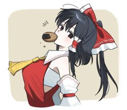  1girl ascot black_hair bow breasts chest_sarashi commentary_request detached_sleeves food food_in_mouth frilled_bow frilled_hair_tubes frills hair_bow hair_tubes hakurei_reimu long_hair looking_at_viewer mati100311 mouth_hold red_bow red_eyes sarashi senbei solo touhou yellow_ascot 
