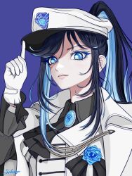  1girl ado_(utaite) aegyo_sal black_hair blue_eyes chando_(ado) colored_inner_hair commentary_request gloves hat highres index_finger_raised long_hair mole mole_under_eye multicolored_hair parted_lips ponytail sidelocks simple_background solo tomoyaku utaite white_gloves white_hat 