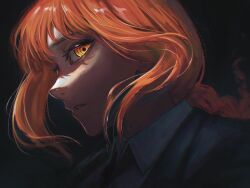  1girl black_coat braid braided_ponytail chainsaw_man close-up coat highres long_hair makima_(chainsaw_man) parted_lips red_hair ringed_eyes solo tarinne yellow_eyes 