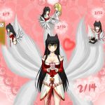  :o ahri animal_ears bag black_hair blush book breasts chibi chibi_inset chocolate cleavage cooking detached_sleeves fox_ears fox_tail heart highres league_of_legends long_hair multiple_tails shimo_hane smile solo surprised sweatdrop tail valentine very_long_hair yellow_eyes 