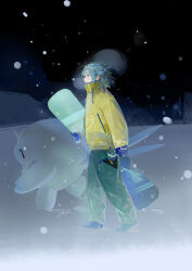  1boy absurdres blue_eyes blue_hair blue_mittens breath cetitan coat commentary_request green_pants grusha_(pokemon) highres jacket looking_afar male_focus mittens noir_(ibaraki) pants pokemon pokemon_(creature) pokemon_sv snow snowboard snowing walking winter_clothes winter_coat yellow_jacket 