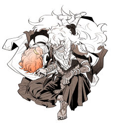 1boy 1girl absurdly_long_hair arm_tattoo belt boots bracelet braid chaldea_uniform dark-skinned_male dark_skin fate/grand_order fate_(series) flower_knot foot_tattoo fujimaru_ritsuka_(female) hair_ornament hair_scrunchie hakama hakama_pants hand_in_another's_hair hand_tattoo highres j_(fgj110101) jacket japanese_clothes jewelry knee_up long_hair looking_at_another lying_on_hair medium_hair nail_polish neck_ring one_side_up orange_hair pants pantyhose pleated_skirt scrunchie side_braid simple_background single_braid sitting skirt sleeping solomon_(fate) spot_color tassel tattoo thumb_ring toenail_polish toenails very_long_hair yellow_scrunchie 