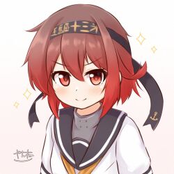  1girl akizuki_(kancolle) akizuki_(kancolle)_(cosplay) blush brown_eyes brown_hair corset cosplay gradient_background headband highres kantai_collection looking_at_viewer mutsuki_(kancolle) neckerchief pleated_skirt red_hair sailor_collar school_uniform serafuku short_hair skirt smile solo upper_body white_background zanne 