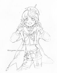  claw_pose coat crop_top fukumaru_koito garter_belt garter_straps greyscale highres idolmaster idolmaster_shiny_colors idolmaster_shiny_colors_song_for_prism long_sleeves monochrome navel official_alternate_hair_length official_alternate_hairstyle sailor_collar see-through_clothes see-through_sleeves shark_hat short_hair shorts sisyamo_sakana star_(symbol) star_sticker sticker sticker_on_face stomach swept_bangs white_background 