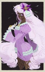  1girl ascot bow cowboy_shot dark-skinned_female dark_skin dress fascinator fishnet_pantyhose fishnets frilled_ascot frills glove_bow gloves gold_ring hair_ornament hand_up highres jacinthe_(pokemon) juliet_sleeves long_hair long_sleeves looking_at_viewer low_drills luye_unknows open_mouth pantyhose pencil_dress pokemon pokemon_legends:_z-a puffy_sleeves purple_dress purple_hair short_dress smile solo star_(sky) starry_sky_background teeth upper_teeth_only very_dark_skin very_long_hair violet_eyes white_gloves yellow_bow 