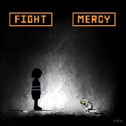  1boy 1other 2016 2d ambiguous_gender artist_name black_background child dark digital_media double_horizontal_stripe duo flower flowey_(undertale) frisk_(undertale) gameplay_mechanics horizontal-striped_clothes human male monochrome plant powaro02 shirt short_hair shorts silhouette simple_background spoilers standing striped_shirt two-tone_shirt undertale utdr_(toby_fox) white_background 