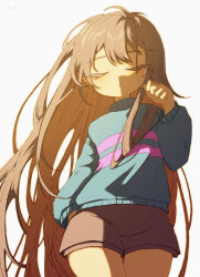  1other 2022 2d alternate_hair_length ambiguous_gender androgynous blue_sweater brown_hair brown_shorts cowboy_shot digital_media double_horizontal_stripe forut_dondon frisk_(undertale) highres horizontal-striped_clothes human long_hair pink_stripes short_hair shorts simple_background striped_clothes striped_sweater sweater two-tone_shirt undertale utdr_(toby_fox) very_long_hair white_background 