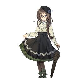  1girl black_hat black_pantyhose black_skirt black_umbrella blue_eyes braid breasts brown_hair closed_mouth collar frilled_shirt frilled_skirt frills glasses hat highres holding holding_umbrella kino_books large_breasts long_hair long_sleeves pantyhose shirt single_braid skirt smile socks striped_clothes striped_socks uchi_no_hime-sama_ga_ichiban_kawaii umbrella vertical-striped_clothes vertical-striped_socks white_collar white_shirt whoisshe 