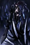  armor belt black_hair black_rock_shooter boots chain chains dual_wielding glowing glowing_eyes greaves highres huge_weapon insane_black_rock_shooter lain long_hair midriff navel purple_eyes shorts solo thigh-highs thighhighs twintails uneven_twintails violet_eyes weapon 
