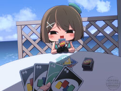  1girl 1other black_eyes black_gloves blue_sky brown_hair card chibi clouds day gloves hair_ornament horizon imminent_uno_loss_(meme) kantai_collection kuroyaki_soba maya_(kancolle) maya_kai_ni_(kancolle) meme ocean outdoors playing_games shirt short_hair sky sleeveless sleeveless_shirt smile solid_oval_eyes uno_(game) x_hair_ornament 