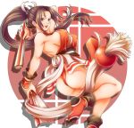  ass bare_shoulders breasts brown_eyes brown_hair dual_wielding erect_nipples fan female fingerless_gloves gloves japanese_clothes king_of_fighters large_breasts legs leotard long_hair open_mouth panties ponytail shiranui_mai sideboob snk solo thighs thong thong_leotard toshi underwear 