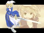  blonde_hair blue_eyes cosplay dress excalibur fate/stay_night fate_(series) hair_ornament hairclip kagamine_rin saber saber_(cosplay) short_hair solo sword tewarusa vocaloid weapon zoom_layer 