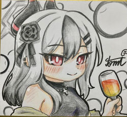  1girl absurdres black_hair blue_archive commentary_request cup drinking_glass hair_ornament halo highres holding holding_cup horns kayoko_(blue_archive) multicolored_hair red_eyes shikishi solo tomimon traditional_media 