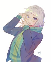  adjusting_eyewear androgynous blue_hoodie blue_jacket drawstring glasses green_hoodie grey_hair hand_up hands_up highres hood hood_down hoodie jacket long_sleeves looking_at_viewer male_focus open_clothes open_jacket open_mouth otto_suewen parted_bangs re:zero_kara_hajimeru_isekai_seikatsu round_eyewear short_hair signature simple_background sleeves_past_wrists sobad_n solo upper_body violet_eyes white_background 