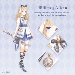  1girl alice's_adventures_in_wonderland alice_(alice_in_wonderland) animal_ears apron argyle_background artist_request back_bow bare_arms belt black_bow black_bowtie black_socks blonde_hair blue_background blue_bow blue_dress blue_eyes blue_ribbon blue_shoes blunt_bangs bow bowtie brown_belt card center_frills character_name close-up closed_mouth collared_shirt copyright_logo diamond-shaped_brooch dot_nose dress english_text eyelashes facial_tattoo fake_animal_ears footwear_bow fork frilled_bow frilled_dress frilled_footwear frilled_shirt_collar frills full_body gradient_background hair_bow hair_ornament happy high_heels holding holding_fork kneehighs lace-trimmed_apron lace_trim large_bow leg_belt lipstick logo lolita_fashion long_hair lop_rabbit_ears makeup mary_janes military_alice_(miracle_nikki) miracle_nikki nikki_(series) official_art oversized_object pinafore_dress pink_lips playing_card pleated_dress pocket_watch puffy_short_sleeves puffy_sleeves pumps rabbit_ears ribbed_socks ribbon shirt shoes short_dress short_sleeves sidelocks simple_background sleeveless sleeveless_dress smile socks solo spade_(shape) spade_tattoo standing striped_bow striped_bowtie striped_clothes striped_dress striped_socks tattoo third-party_source two-tone_socks vertical-striped_clothes vertical-striped_dress waist_apron watch wavy_hair white_apron white_shirt white_socks 