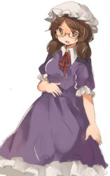  1girl brown_eyes brown_hair cosplay feet_out_of_frame frilled_sleeves frills glasses hat highres low_twintails mob_cap neck_ribbon purple_skirt ribbon short_sleeves short_twintails shukinuko skirt touhou twintails upper_body usami_sumireko white_background yakumo_yukari yakumo_yukari_(cosplay) 