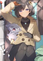  1girl absurdres black_bodysuit black_hair blush bodysuit bodysuit_under_clothes breasts cellphone commentary_request dark-skinned_female dark_skin emma_(pokemon) fangs gloves hair_ornament harmony_(pokemon) herunia_kokuoji highres jacket leaf lying mega_stone on_back open_mouth paper parted_bangs phone plant pokemon pokemon_(creature) pokemon_legends:_z-a potted_plant short_hair smartphone violet_eyes 