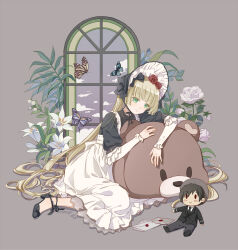  1girl back_bow black_bonnet black_bow black_shirt black_shoes blonde_hair blue_butterfly blunt_bangs bonnet bow brown_butterfly bug buji butterfly character_doll chinstrap closed_mouth clouds commentary_request dated doll envelope flower frilled_sleeves frills full_body gosick gothic_lolita green_eyes grey_background hair_bow hair_flower hair_ornament hair_spread_out high_heels highres kujou_kazuya layered_sleeves lolita_fashion long_hair long_sleeves looking_at_viewer plant purple_butterfly red_flower red_rose rose shirt shoes short_over_long_sleeves short_sleeves sitting skirt sky solo stuffed_animal stuffed_toy teddy_bear very_long_hair victorica_de_blois white_flower white_rose white_skirt window yokozuwari 