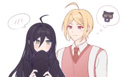  1boy 1girl ahoge akamatsu_kaede black_hair black_hat black_jacket blonde_hair cat collared_shirt danganronpa_(series) danganronpa_v3:_killing_harmony genderswap genderswap_(ftm) genderswap_(mtf) green_eyes hair_ornament hat jacket keke_r18 long_hair looking_at_another musical_note musical_note_hair_ornament necktie pink_eyes pink_vest red_necktie saihara_shuichi shirt short_hair speech_bubble spoken_blush striped_clothes striped_jacket thought_bubble vest white_shirt 
