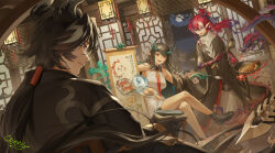  1girl 2boys ;d absurdres architecture arknights bare_legs bare_shoulders black_boots black_coat black_hair boots cammy_(cammy_bilibili) china_dress chinese_clothes chinese_knot chongyue_(arknights) cleavage_cutout clothing_cutout coat colored_extremities dragon dragon_bubble_(arknights) dress dusk_(arknights) earrings east_asian_architecture eastern_dragon gradient_hair hair_ribbon highres holding holding_paintbrush horns jewelry lattice laughing moon mooncake multicolored_hair multiple_boys necktie off_shoulder one_eye_closed open_clothes open_coat paintbrush pointy_ears ponytail profile red_eyes red_hair red_necktie ribbon sleeveless sleeveless_dress smile streaked_hair tassel yu_(arknights) 