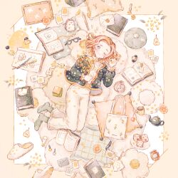  1girl ;) bag bikini bird black_jacket book bread bread_slice brown_hair closed_mouth coin_purse commentary_request cosmetics cup cushion digital_camera dove drawing_(object) food fruit full_body glasses gold_osmanthus grey_eyes grey_socks hedgehog jacket long_sleeves looking_at_viewer lying marmalade medium_hair nail_polish_bottle no_shoes on_back one_eye_closed open_book open_clothes open_jacket orange_bikini original paintbrush pants pear pencil plate pouch print_bag ryokuno_green shirt slippers smile socks solo sparkle squirrel swimsuit teacup teapot toggles unworn_bag unworn_eyewear unworn_slippers unworn_wristwatch watch watch white_bag white_bird white_pants white_shirt white_slippers 