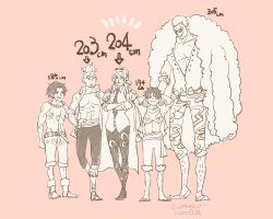  1girl 4boys boots commentary_request crossed_arms donquixote_doflamingo earrings epaulettes eyewear_on_head freckles full_body greyscale_with_colored_background hand_on_own_hip jewelry leg_hair marco_(one_piece) monkey_d._luffy multiple_boys necklace necktie notice_lines ohthekin one_piece pearl_necklace pink_background ponytail portgas_d._ace short_hair shorts sidelocks simple_background sunglasses topless_male tsuru_(one_piece) twitter_username 