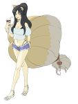  ahri animal_ears black_hair bracelet breasts casual cleavage contemporary cup cutoffs facial_mark fox_ears fox_tail gin_(miturugizin) highres jewelry large_breasts league_of_legends long_hair midriff multiple_tails panties sandals short_shorts shorts tail underwear yellow_eyes 
