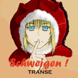  1girl animal_ears animal_hood black_souls blonde_hair blue_eyes bosske cape closed_mouth finger_to_mouth fur-trimmed_hood fur-trimmed_jacket fur_trim hood hood_up hooded_cape jacket light_frown looking_at_viewer partially_translated portrait poster_(object) poster_parody propaganda red_hood red_hood's_woods red_hood_(black_souls) red_jacket shadow short_hair simple_background solo translation_request 