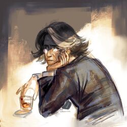  1boy adventure_time bags_under_eyes beer_glass black_coat black_eyes black_hair coat commentary cup elbow_rest english_commentary exhausted glasses hand_on_own_chin highres holding holding_cup looking_at_viewer looking_back male_focus short_hair simon_petrikov single_hair_streak slouching solo upper_body white_streaks zzhmurrka 