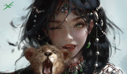  1girl ;p aegyo_sal animal armor black_hair cat day earrings forehead_jewel ghostblade green_eyes highres jewelry looking_at_viewer magatama magatama_earrings necklace one_eye_closed ornate_clothes outdoors painterly portrait princess_aeolian short_hair shoulder_armor sidelighting solo tongue tongue_out wlop 
