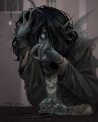  1boy anglerfish_boy back_fin bags_under_eyes bandaged_arm bandages black_hair blue_eyes catnip_cataria crying crying_with_eyes_open elbow_rest empty_eyes extra_arms fingernails fins hair_over_one_eye hand_on_own_head head_fins highres leaning_forward long_fingernails male_focus messy_hair pressure_(roblox) sebastian_solace shirt solo table tears upper_body white_shirt 