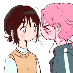  &gt;_&lt; 2girls alien_stage black_hair blush brown_sweater_vest coldmeow food hair_up hashtag-only_commentary highres mizi_(alien_stage) multiple_girls pink_hair pocky pocky_day pocky_kiss shirt short_hair simple_background sua_(alien_stage) sweat sweater_vest violet_eyes white_background white_shirt yuri 