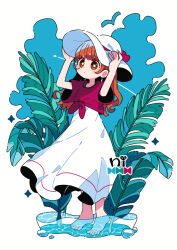  1girl bow brown_eyes brown_hair commentary curly_hair dress full_body hands_on_headwear hat long_hair looking_at_viewer nagino_nichiko original plant short_sleeves solo symbol-only_commentary water 