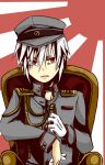  accelerator aiguillette asuta1102 chair gloves hat holding male military military_hat military_uniform peaked_cap red_eyes rising_sun sitting solo to_aru_majutsu_no_index uniform white_gloves white_hair 
