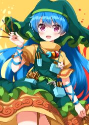  1girl :d apron arm_ribbon blue_hair blue_ribbon blush commentary cowboy_shot dress green_apron green_headscarf haniyasushin_keiki headscarf highres holding jewelry long_hair looking_at_viewer magatama magatama_necklace necklace open_mouth ribbon ruu_(tksymkw) short_sleeves smile solo touhou violet_eyes wood_carving_tool yellow_background yellow_dress 