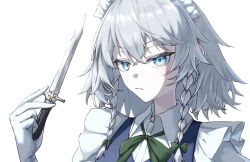  1girl blue_eyes bow bowtie braid closed_mouth commentary_request gloves green_bow green_bowtie grey_hair hair_bow highres holding holding_knife izayoi_sakuya knife long_hair looking_at_viewer maid maid_headdress simple_background solo tenx2_1341 touhou twin_braids white_background white_gloves 