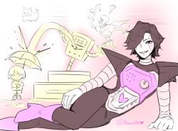  1other 2016 2boys 2d ambiguous_gender android animal ankle_boots annoying_dog arm_support armor artist_name black_hair bone boots cape chaos chasing child digital_media dog eyelashes fountain frisk_(undertale) gloves gradient_background hair_over_one_eye high_heel_boots holding holding_umbrella human humanoid humanoid_robot looking_at_viewer male male_focus mettaton mettaton_ex monochrome monster monster_boy multiple_boys on_side papyrus_(undertale) pauldrons pink_background pink_eyes powaro02 puff_of_air reclining robot robot_boy running short_hair shorts simple_background skeleton smile solo_focus standing statue teeth twitter_username umbrella undead undertale utdr_(toby_fox) white_background white_gloves 